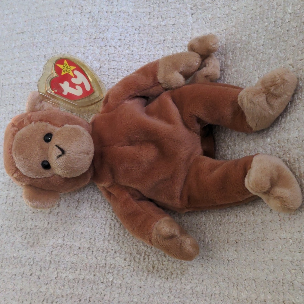 RARE Mint Condition Bongo Ty Beanie Baby Plush Brown Monkey, Tan Tail 1995